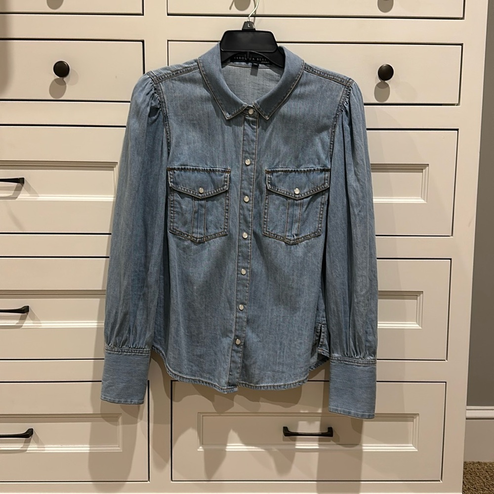 Veronica Beard, denim shirt with pearl button snap closures, cuffed sleeves